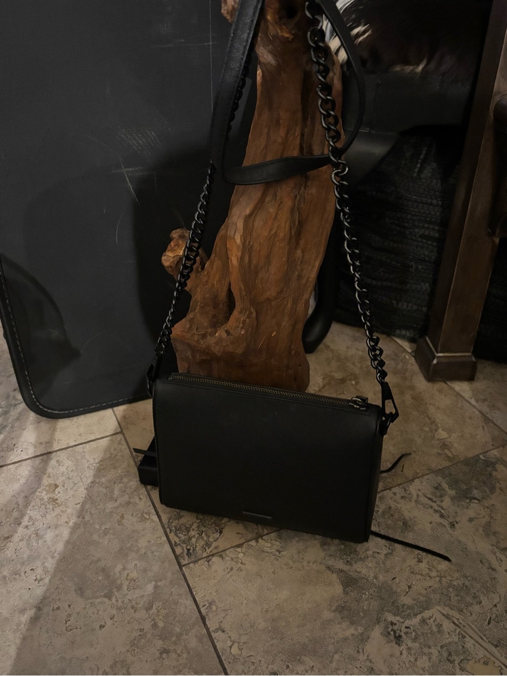 Black Leather Crossbody Bag with Chain Strap